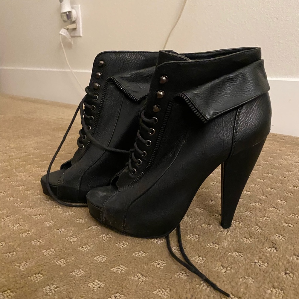 Lace up black peep toe booties